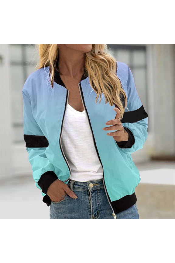 Fall Jacket for Women Gradient Coat Thin Lightweight Bomber Jackets Long Sleeve Zip Up Joggers Jackets Light Blue M