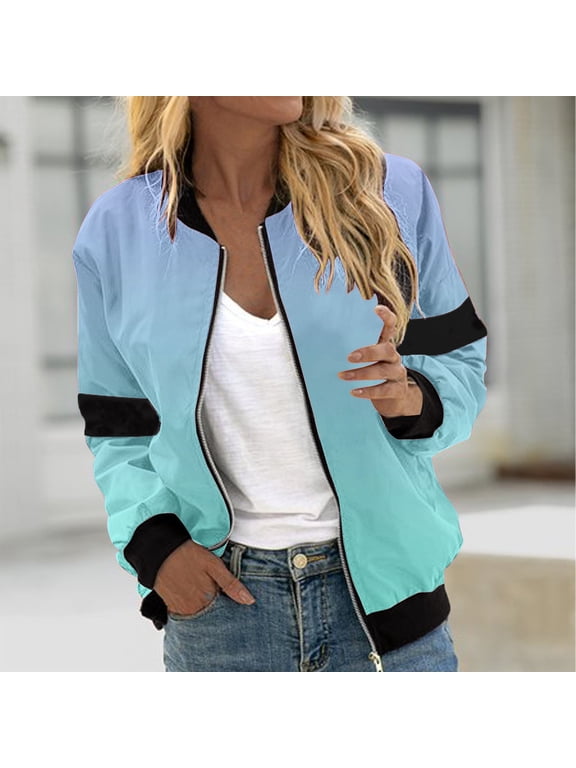 Fall Jacket for Women Gradient Coat Thin Lightweight Bomber Jackets Long Sleeve Zip Up Joggers Jackets Light Blue XL