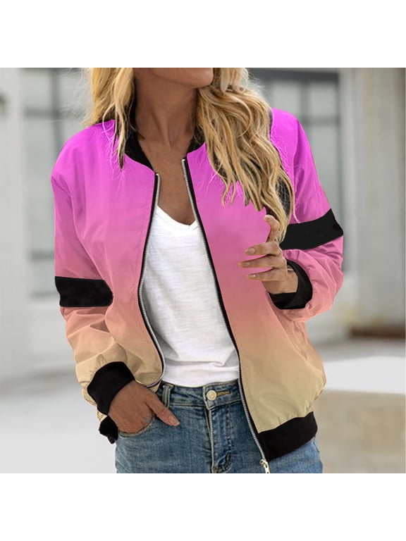 Fall Jacket for Women Gradient Coat Thin Lightweight Bomber Jackets Long Sleeve Zip Up Joggers Jackets Yellow S