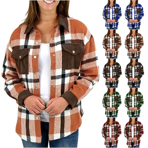 UVEASISHA Fall Jackets for Women Trendy Flannel Plaid Shirts Long Sleeve Button Down Shacket Jacket Casual Loose Womens Outwear with Pockets,Green,L