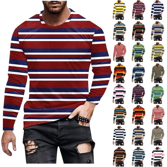 UVEASISHA Fall Long Sleeve Tshirts for Men Colorblock Striped Vintage Graphic Tees Stretch Slim Fit Crewneck Pullover Active Casual Gym Workout Shirt Watermelon Red 4XL