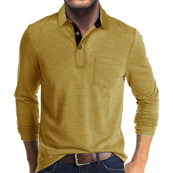 UVEASISHA Fall Polos Shirt for Men Long Sleeve Collared Button Up T Shirt Vintage Casual Poloss with Pocket Yellow XXL