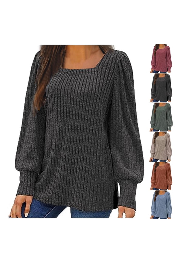 Fall Sweater for Women Casual Knit Long Sleeve Pullover Tops Square Neck Side Split Sweaters Red S