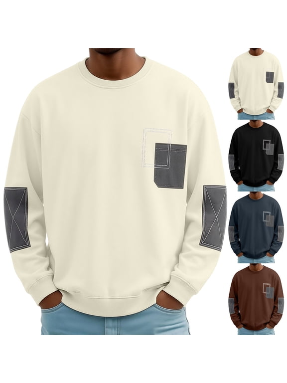 Fall Tshirts for Men Contrast Elbow Patch Long Sleeve T-Shirts Regular Fit Casual Crewneck Pullover Sweatshirts Cool Streetwear Tee Tops Brown M