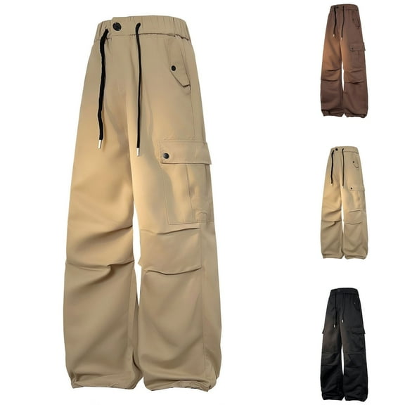 UVEASISHA Fashion Cargo Pants for Men Big and Tall Casual Baggy Wide Leg Pants Elastic Waist Solid Color Drawstring Pants with Flap Pockets Coffee XL