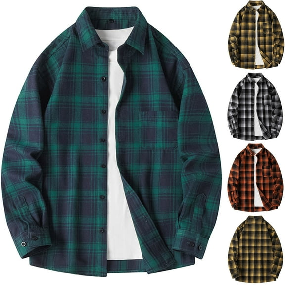 UVEASISHA Fashion Flannel Jacket for Men Plaid Long Sleeve Button Down Shirt Jackets Cotton Casual Drap SHoulder Lightweight Shacket with Pocket,Green,2XL