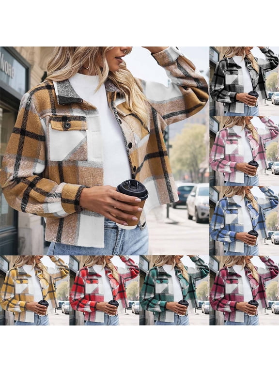Fashion Jackets for Women Plus Size Casual Plaid Shirt Jacket Long Sleeve Button Down Cropped Shacket Fall Lightweight Outwerwear with Pockets Christmas Gifts Yellow S