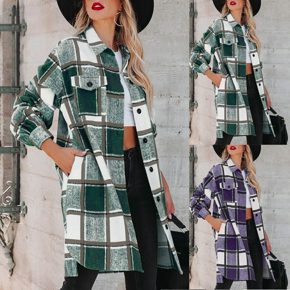 UVEASISHA Fashion Long Jackets for Women Lightweight Flannel Fall Plaid Shacket Long Sleeve Casual Buttons Trench Coat Outwear Flowy Shirt Jacket with Pockets Sales Today,Purple,M