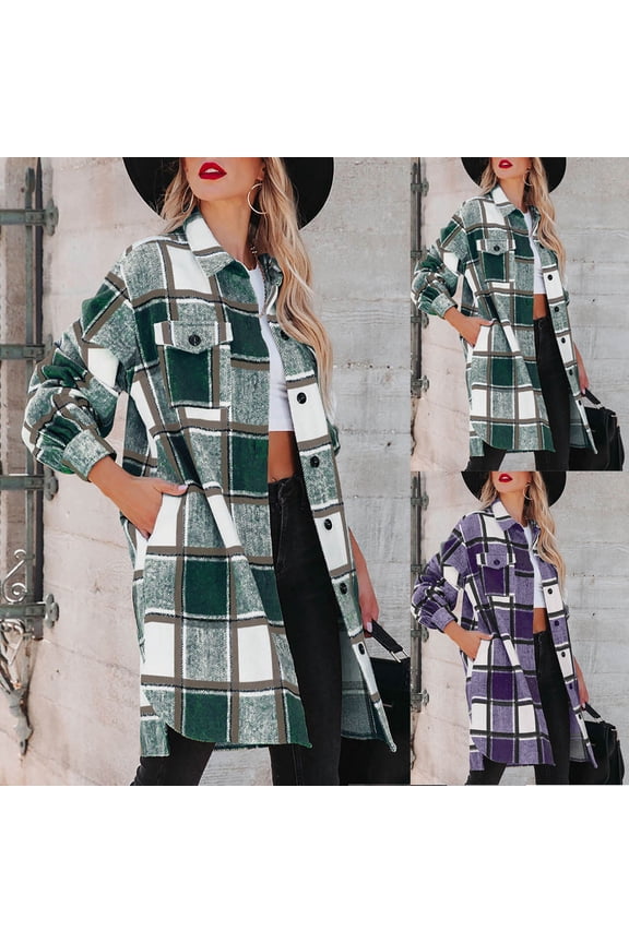 Fashion Long Jackets for Women Lightweight Flannel Fall Plaid Shacket Long Sleeve Casual Buttons Trench Coat Outwear Flowy Shirt Jacket with Pockets Sales Today,Green,S