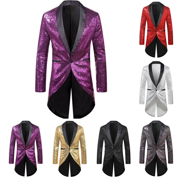 UVEASISHA Fashion Sequin Jacket for Men Pleated Waist One Button Stylish Tuxedo Sparkly Slim Fit Perfomance Suit Jackets for Dinner Prom Party Daily Clearance Sale,Gold,S