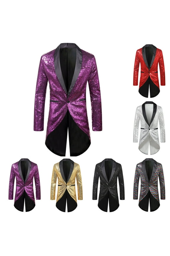 Fashion Sequin Jacket for Men Pleated Waist One Button Stylish Tuxedo Sparkly Slim Fit Perfomance Suit Jackets for Dinner Prom Party Sales Today,Red,S