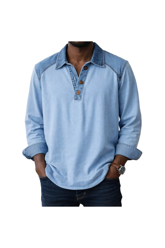 Fashion Tshirts for Men Denim Patchwork Collared Long Sleeve Shirt 3 Button Casual Polos Shirts Color Block Regular Fit Golf Shirt Sky Blue 3XL