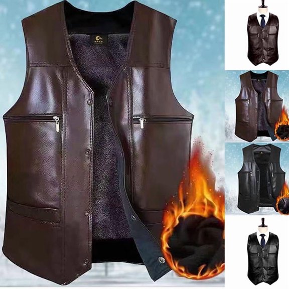 UVEASISHA Faux Leather Vest for Men Winter Fleece Lined Waistcoat Button Down Casual V Neck Sleeveless Jackets Outdoor Windproof Vest Black XL