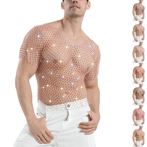 UVEASISHA Fishnet Shirts for Men Sparkle Rhinestones Short Sleeve Tops Mesh Hollow Out Party T Shirts Shiny Rave Festival Shirt Red M