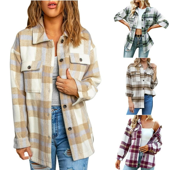 UVEASISHA Flannel Shirts for Women Winter Button Down Plaid Jackets Warm Up Casual Long Sleeve Fleece Coats Trendy Shirt Outwear with Pockets Green L