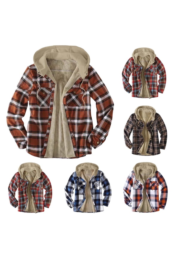 Flannel Winter Jacket for Men Plaid Hooded Shirts Long Sleeve Button Down Shirt Jackets Fleece Lined Warm Up Shacket with Pockets,Holiday Sales,Red,M