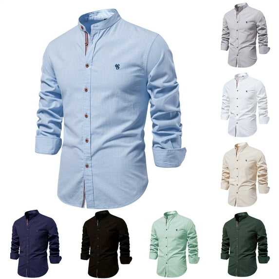 UVEASISHA Henley Business Casual Shirts for Men Cotton Long Sleeve Button Down Shirt Solid Color Regular Fit Dress Shirts Fashion Office Work Shirt Light Blue XXL
