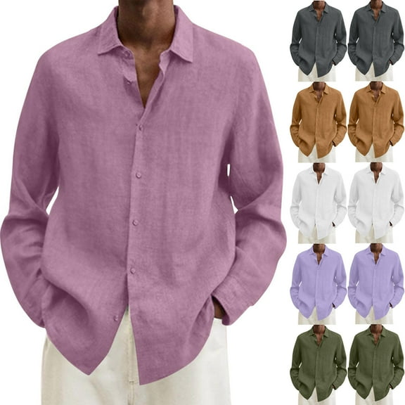 UVEASISHA Long Sleeve Linen Shirts for Men Solid Color Casual Button Down Shirt Big and Tall Vacation Hawaiian Shirts Loose Breathable Beach Shirt Khaki M