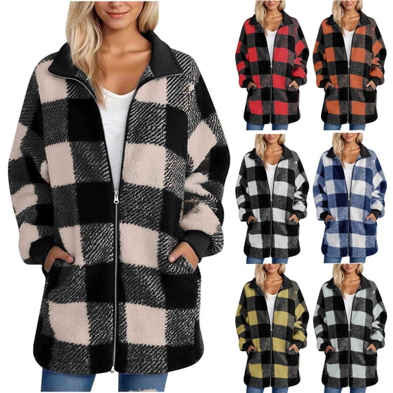 UVEASISHA Fleece Jackets for Women Plaid Flannel Shackets Long Sleeve Lapel Winter Coats Full Zip Casual Fluffy Jacket Fuzzy Warm Outerwear with Pockets Yellow 3XL