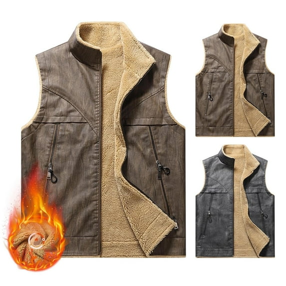 UVEASISHA Fleece Lined Leather Vest for Men Sleeveless Stand Collar PU Jackets Full Zip Casual Motocycle Vest Vintage Outerwear with Zipper Pockets Coffee XL