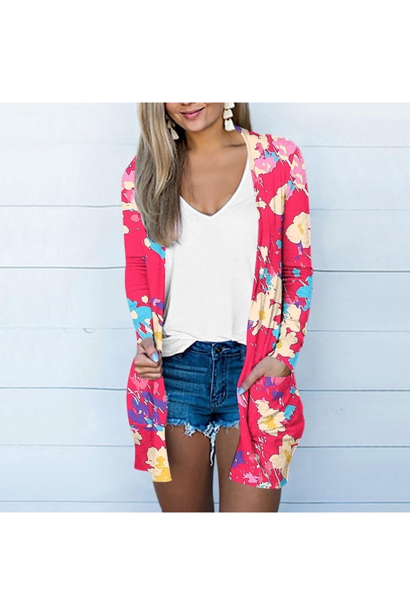 Floral Cardigan for Women Long Sleeve Boho Casual Coverups Loose Comfy Kimono Cardigans Hot Pink S
