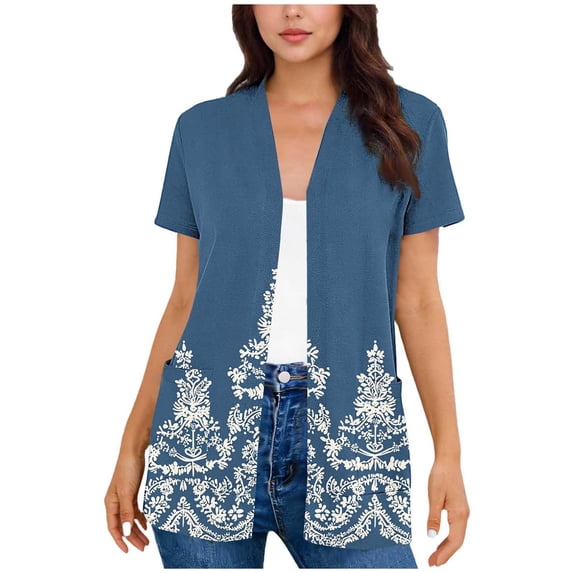 UVEASISHA Floral Open Front Cardigan for Women Short Sleeve V Neck Sweaters Elegant Lightweight Office Wear Tops with Pockets Blue XXL