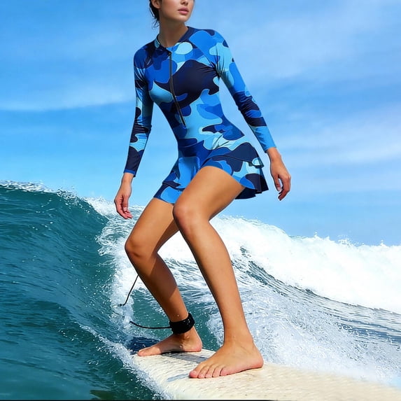 UVEASISHA Floral Swim Sets for Women Sun Protection Long Sleeve Rash Guard Half Zipper Built-In Bra Swimdress Quick Dry Modest Swimwear with Boyshorts Light Blue XXL