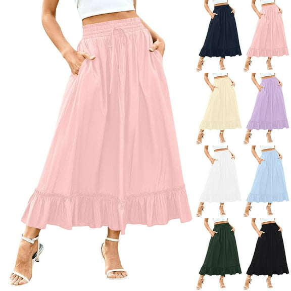 UVEASISHA Flowy Skirts for Women Elastic Waist Drawstring Skirt with Pockets A Line Ruffle Pleated Maxi Skirts White S