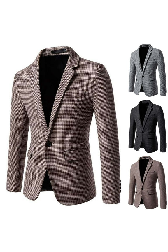 Formal Wedding Suit for Men Slim Fit Casual Plaid Blazer Jackets Fall Lightweight Business Blazers Single Breasted Suit Jacket for Office Big Deal Days,Brown,M