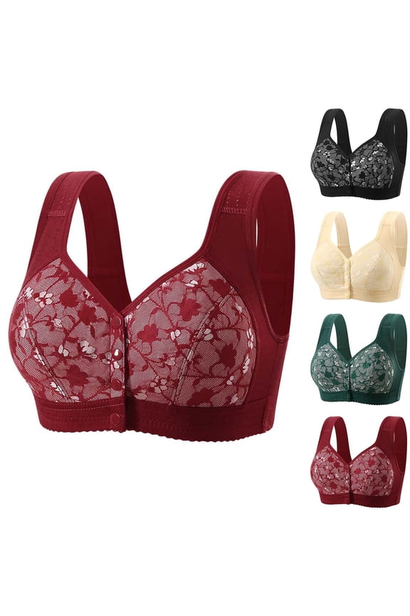 UVEASISHA Front Closure Wirefree Bra Women Floral Lace Wide Strap Full Coverage Comfort Bralette Everyday Lounge Sleep Underwearr Army Green S