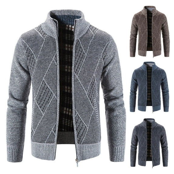 UVEASISHA Full Zip Up Sweater Men Fashion Stand Collar Cardigan Jacket Solid Vintage Plaid Lining Knitted Jackets Business Casual Open Front Cardigans Gray XL