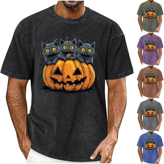 UVEASISHA Funny Graphic Tees for Men Cat Pumpkin Printed T-Shirts Holiday Casual Short Sleeve Round Neck Shirt Comfy Regular Fit Pullover Tops Green L