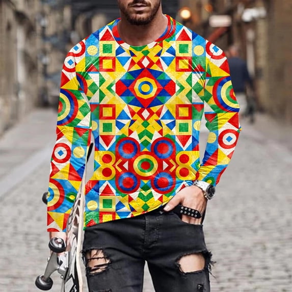 UVEASISHA Funny Graphic Tees for Men Mardi Gras Long Sleeve Shirts Holiday Novelty Printed T-Shirts Big and Tall Fashion Hipster Streetwear Tee Shirt Yellow 3XL