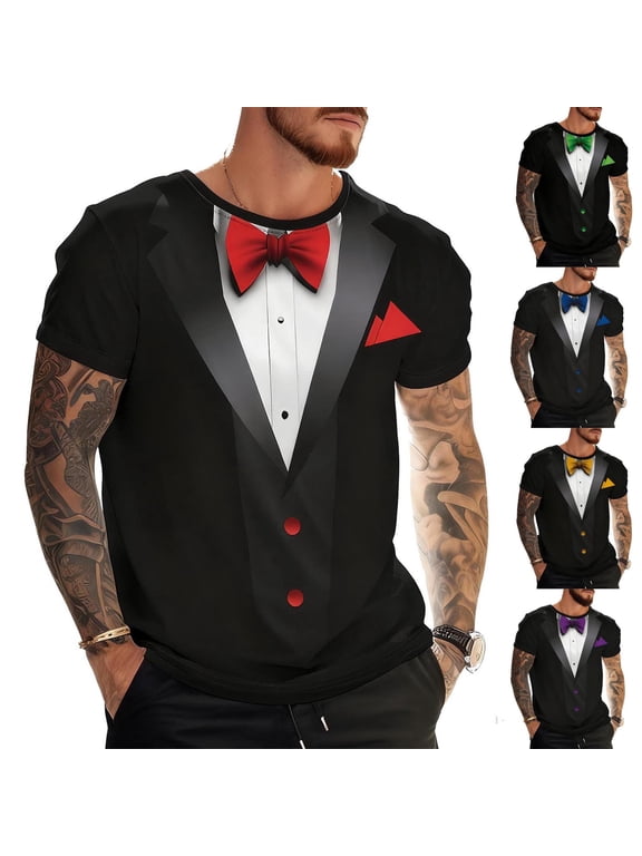 Funny Shirts for Men 3D Tuxedo Print Short Sleeve Graphic Tees Regular Fit Casual Crewneck Pullover Valentines Day Party T-Shirts Purple XL
