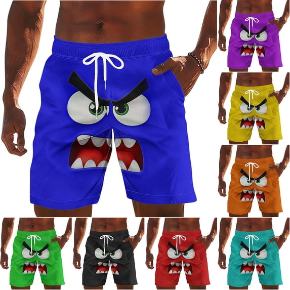 UVEASISHA Funny Shorts with Pockets for Men 3D Angry Face Print Swim Trunks,Elastic Drawstring Waist Loose Beach Shorts Quick Dry Breathable Bathing Suits Orange XXL