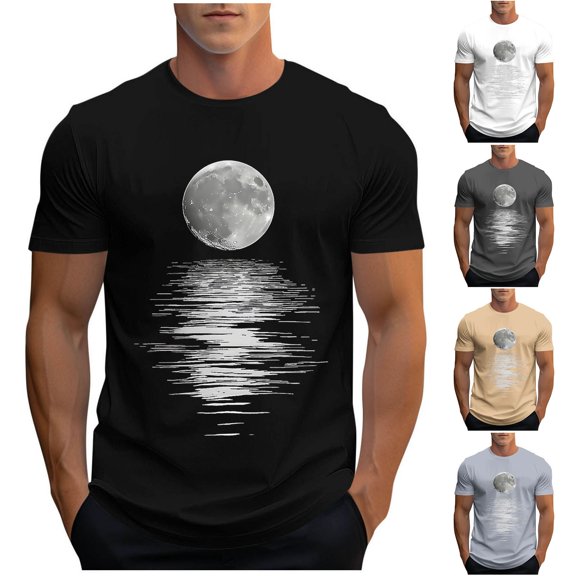 UVEASISHA Funny T Shirts for Men Short Sleeve Moonlight Lake Print T-Shirts Sketch Art Premium Tshirts Dark Gray XXL