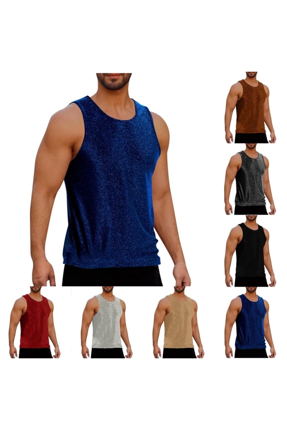 Glitter Tank Tops Men Fashion Shiny Sleeveless Party Shirts Sparkly Scoop Neck Workout Tanks Solid Color Stylish Disco Tank Shirt Silver L