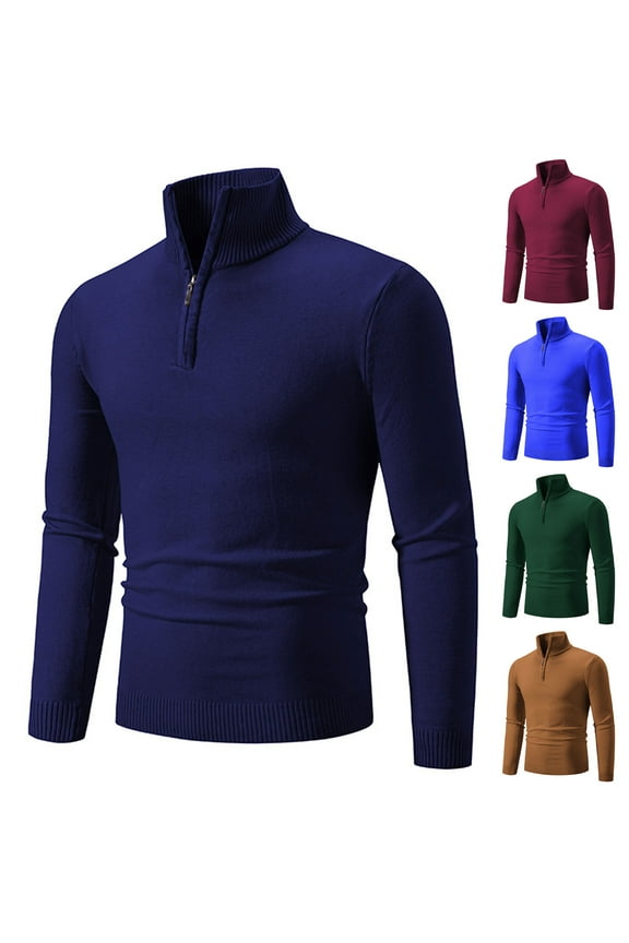 Golf Poloss for Men Slim Fit Stretch Zip Up Long Sleeve Sweaters Lightweight Casual Solid Base Layer T-shirt 2025 Fall and Winter Clothes Prime Sales,Blue,3XL