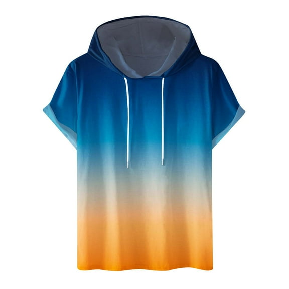 UVEASISHA Gradient Color Hoodie Shirts for Men Big and Tall,Men's Short Sleeve Hoodie Workout Gym Sweatshirt Muscle Fit Fashion Athletic Hoodies Pullover Hooded T-Shirts 2024 Blue
