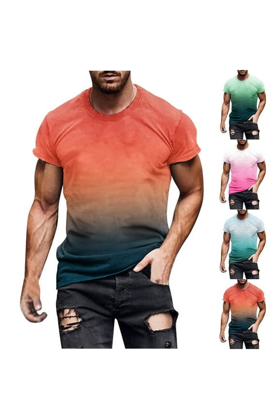 Gradient Print T Shirts for Men Short Sleeve Muscle Workout Shirts Casual Crewneck Slim Fit Graphic Tees Mens Big and Tall Tshirts 5XL Sales Today