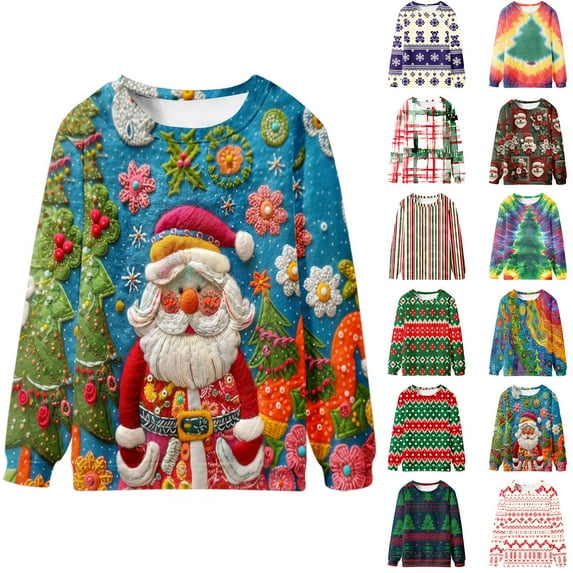 UVEASISHA Graphic Mens Christmas Sweatshirts Fashion Tie Dye Xmas Tree Print Crewneck Pullover Tops Loose Fit Casual Ugly Sweater Novelty Holiday Gift Shirt Fall Savings Multicolor XL