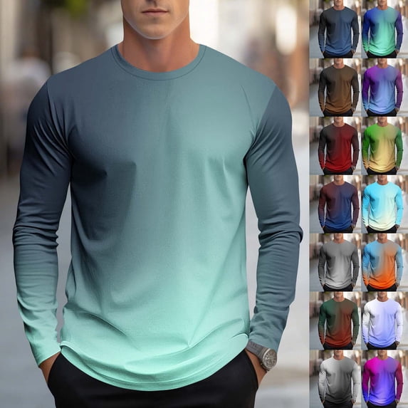 UVEASISHA Graphic Tees for Men Long Sleeve Fashion Gradient Print T-Shirts Regular Fit Casual Crewneck Pullover Big and Tall Cool Streetwear Tops Dark Blue XL