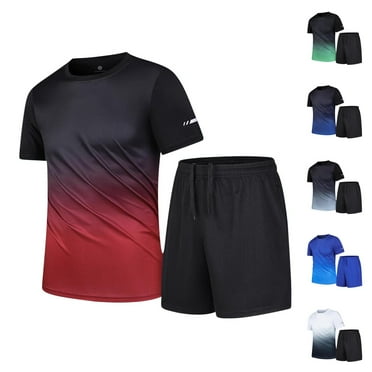 UVEASISHA Gym Workout Sets for Men Gradient Print Sweatsuits Summer Short Sleeve Crewneck Tee and Shorts Lounge Set Soft Casual Workout Outfits Black 5XL