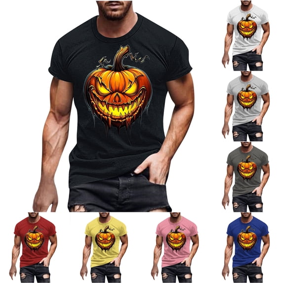 UVEASISHA Halloween Graphic Tees for Men Big and Tall Short Sleeve Funny T-Shirts Novelty Pumpkin Printed Crewneck Tshirts Slim Fit Casual Streetwear Tops Gray L