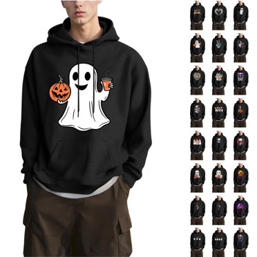 UVEASISHA Halloween Hoodies for Men Novelty Print Hooded Sweatshirts Oversized Long Sleeve Drawstring Pullovers Funny Pumpkin Hoody Tops with Pocket Black XL