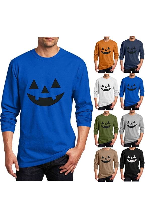 Halloween Shirts for Men Funny Face Printed Long Sleeve T-Shirt Big and Tall Lightweight Regular Fit Graphic Tees Holiday Casual Workout Shirts Army Green 4XL