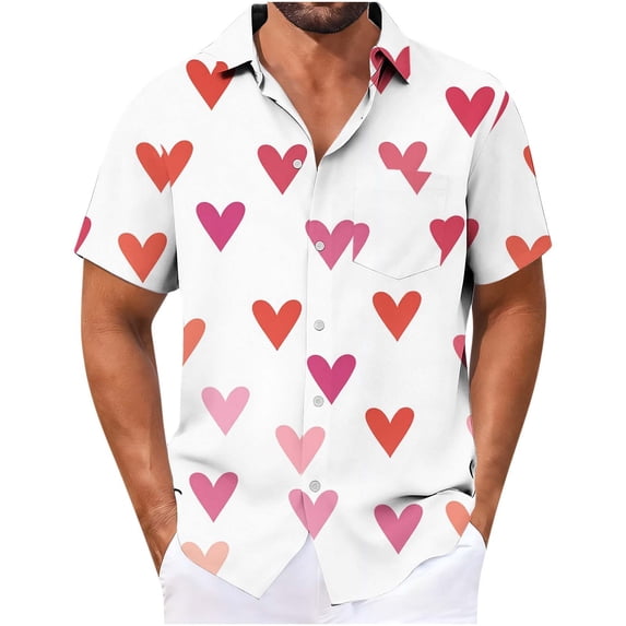 UVEASISHA Happy Valentines Day Shirts for Men Big and Tall Fashion Heart Print Button Down Shirts Regular Fit Casual Short Sleeve Party Shirt Multicolor XXL