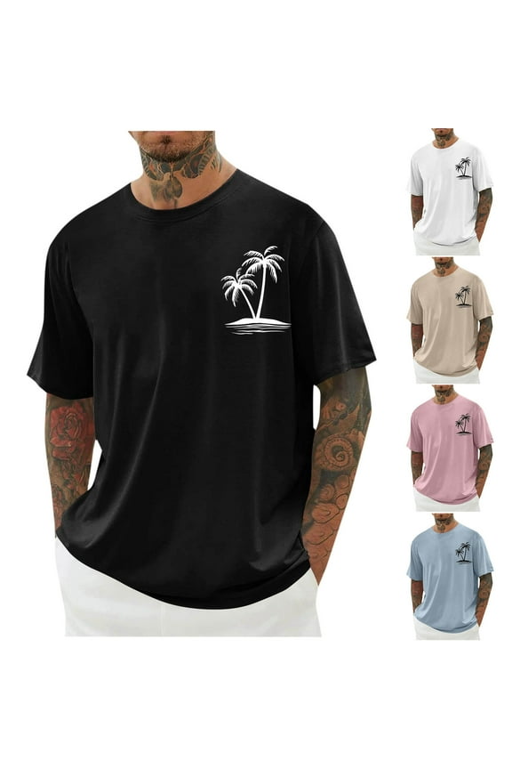 Hawaiian Graphic Tees for Men Big and Tall Palm Tree Print Beach Shirts Summer Short Sleeve Crewneck T-Shirts Loose Fit Casual Vacation Tshirt Black 4XL