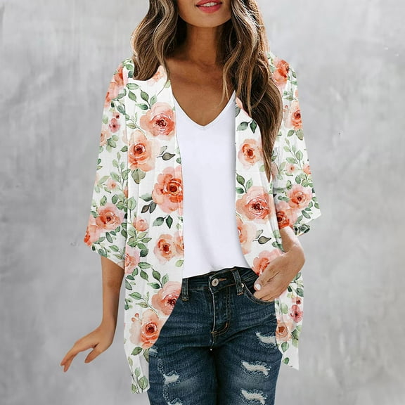 UVEASISHA Hawaiian Kimonos for Women,Womens Floral Print Puff Sleeve Kimono Cardigan Loose Coverups Resort Wear 2025 Trendy Beach Lightweight Cardigans,White,XL