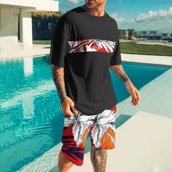 UVEASISHA Hawaiian Short Set for Men Big and Tall 2 Piece Beach Vacation Outfits Floral Print Tee Tops and Short Set Black XXXXL